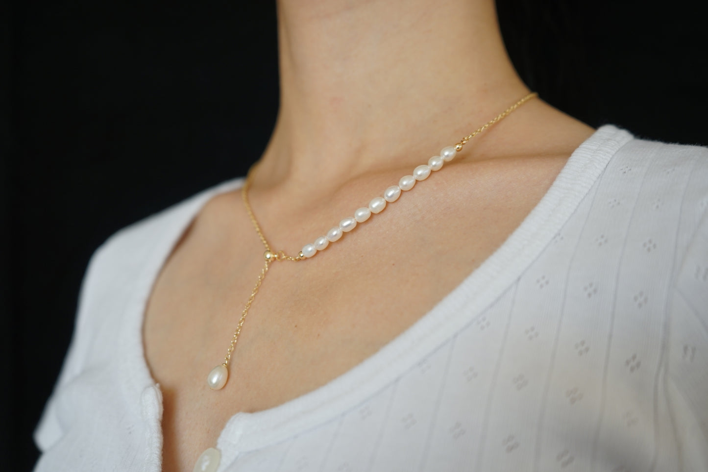 Adjustable pearl smile necklace, adjustable Y-shaped pearl necklace， gold vermeil