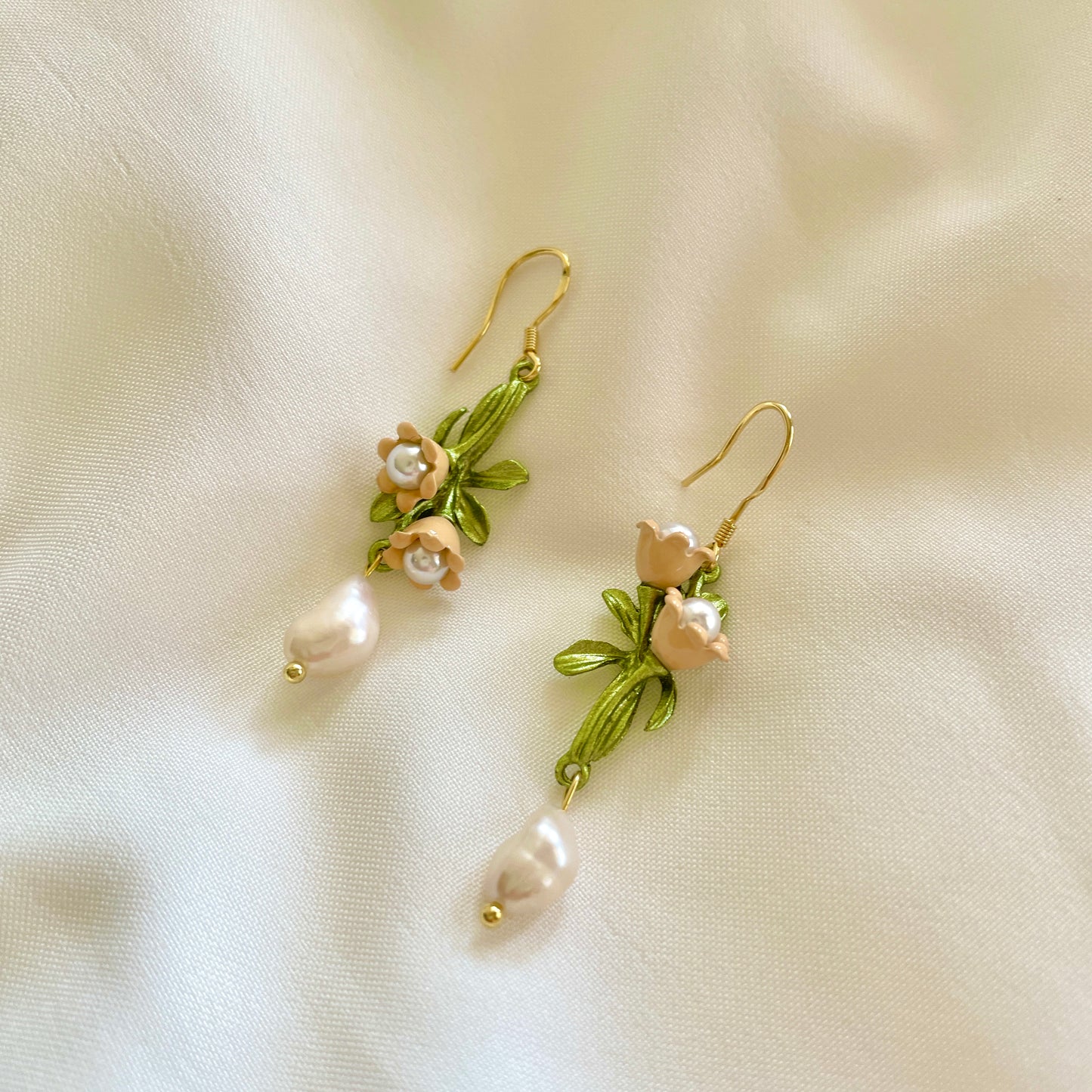 Magnolia flower earrings with Baroque pearls, blooming flowers in shades of pink and green