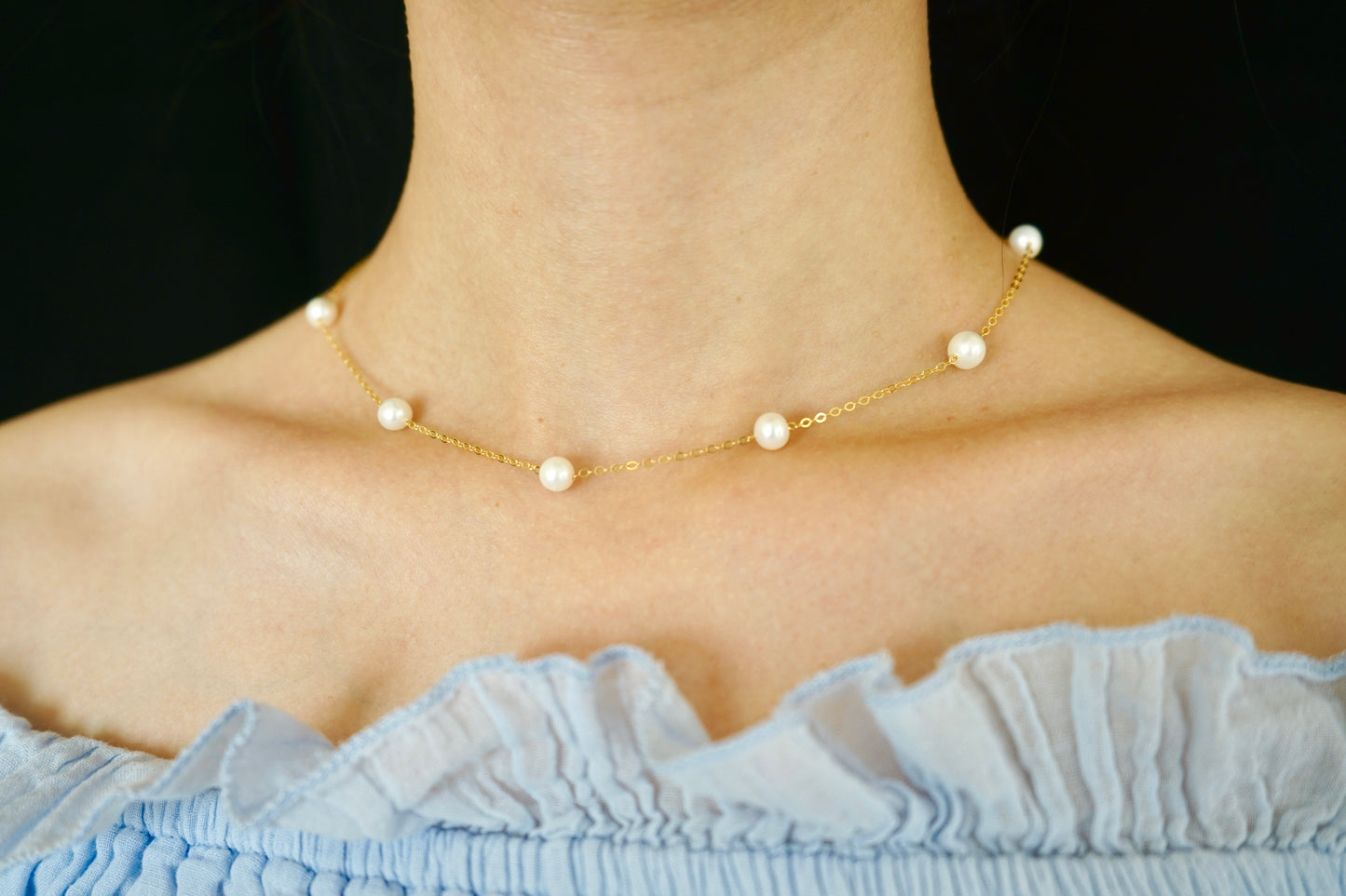 Starry Pearl Necklace， gold vermeil， Champagne-colored， blue cloth, gold chains